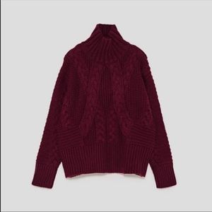 Zara Chunky Wool Cable Knit Sweater in Maroon